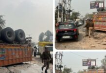 महबेवाला में मार्बल से भरा ट्रक पलटा,, पुलिस ने किए रूट डाइवर्ट।