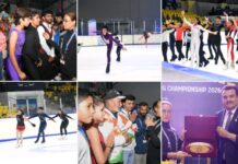खिलाड़ियों का उत्साह बढ़ाने हिमाद्रि आइस रिंक पहुंची खेल मंत्री रेखा आर्या।